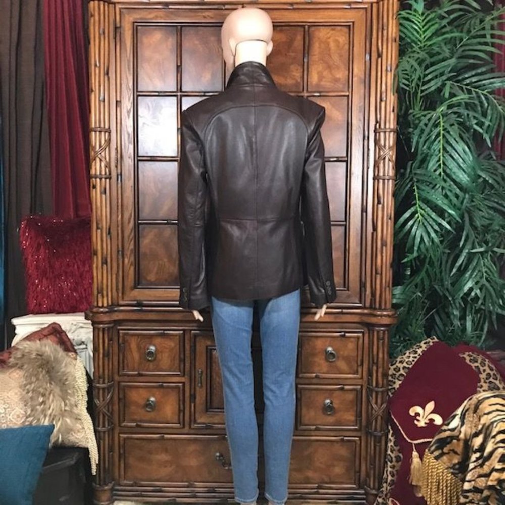 Anne Klein Genuine Lambskin Leather Couture Cocoa Wide Lapel Blazer - Picture 5 of 13